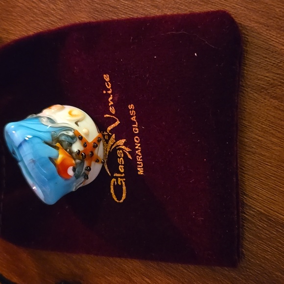 Murano Glass Ring with Blue and Orange Ocean Design" Sz 7.5 - Picture 4 of 4